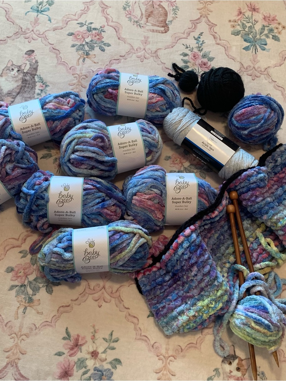 BABY BEE Large Lot Yarn Unfinished Project Yarn Knitting Needles Chenille Yarn